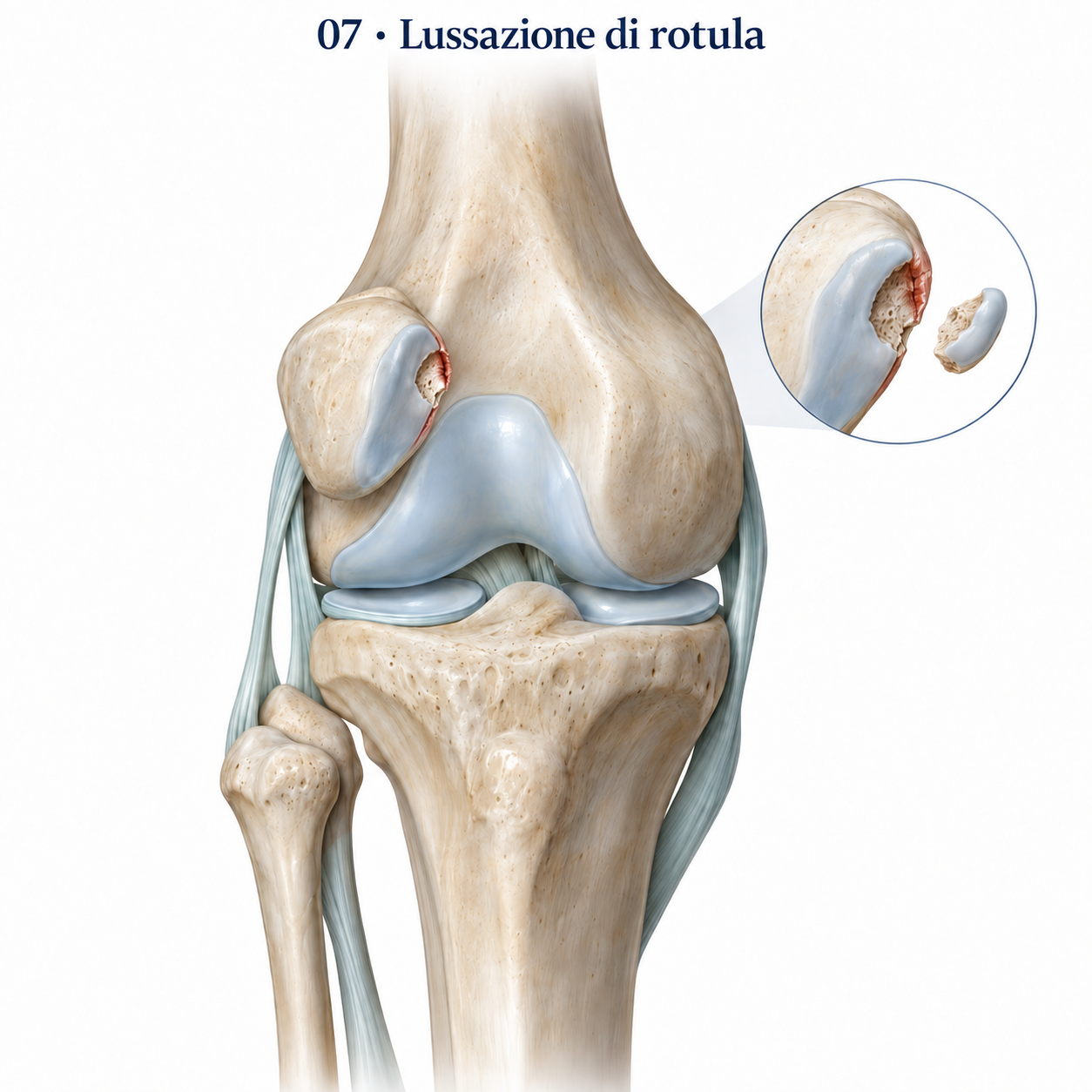 Esempio di lussazione laterale della rotula con lesione osteocondrale.