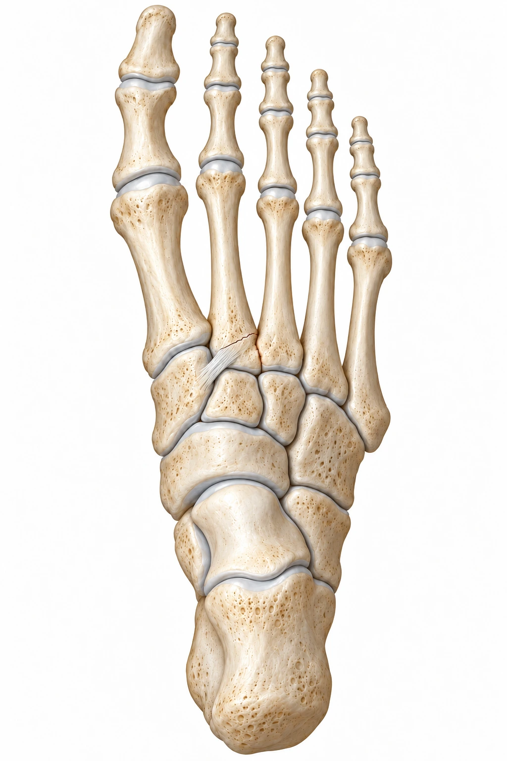 Illustrazione di lesione di Lisfranc ridotta, con piccola frattura non scomposta alla base del secondo metatarso. La stabilità deve essere confermata dalla valutazione clinica e dagli esami.