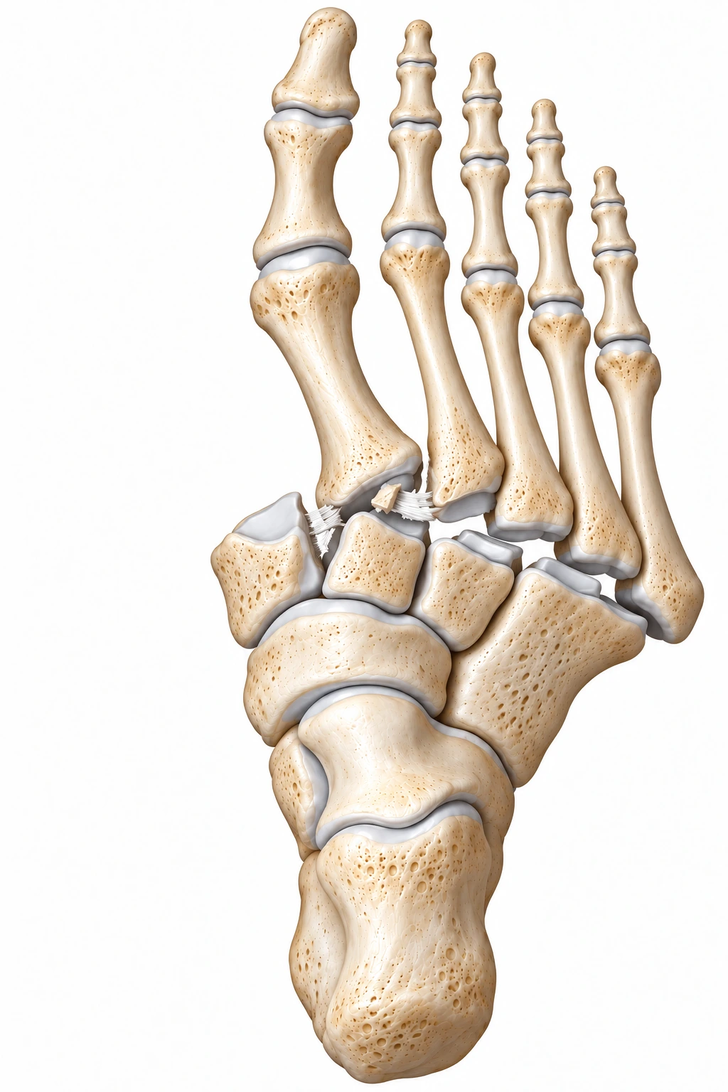 Illustrazione di lussazione laterale dei metatarsi rispetto al tarso, con interruzione del legamento di Lisfranc e frammento di avulsione.