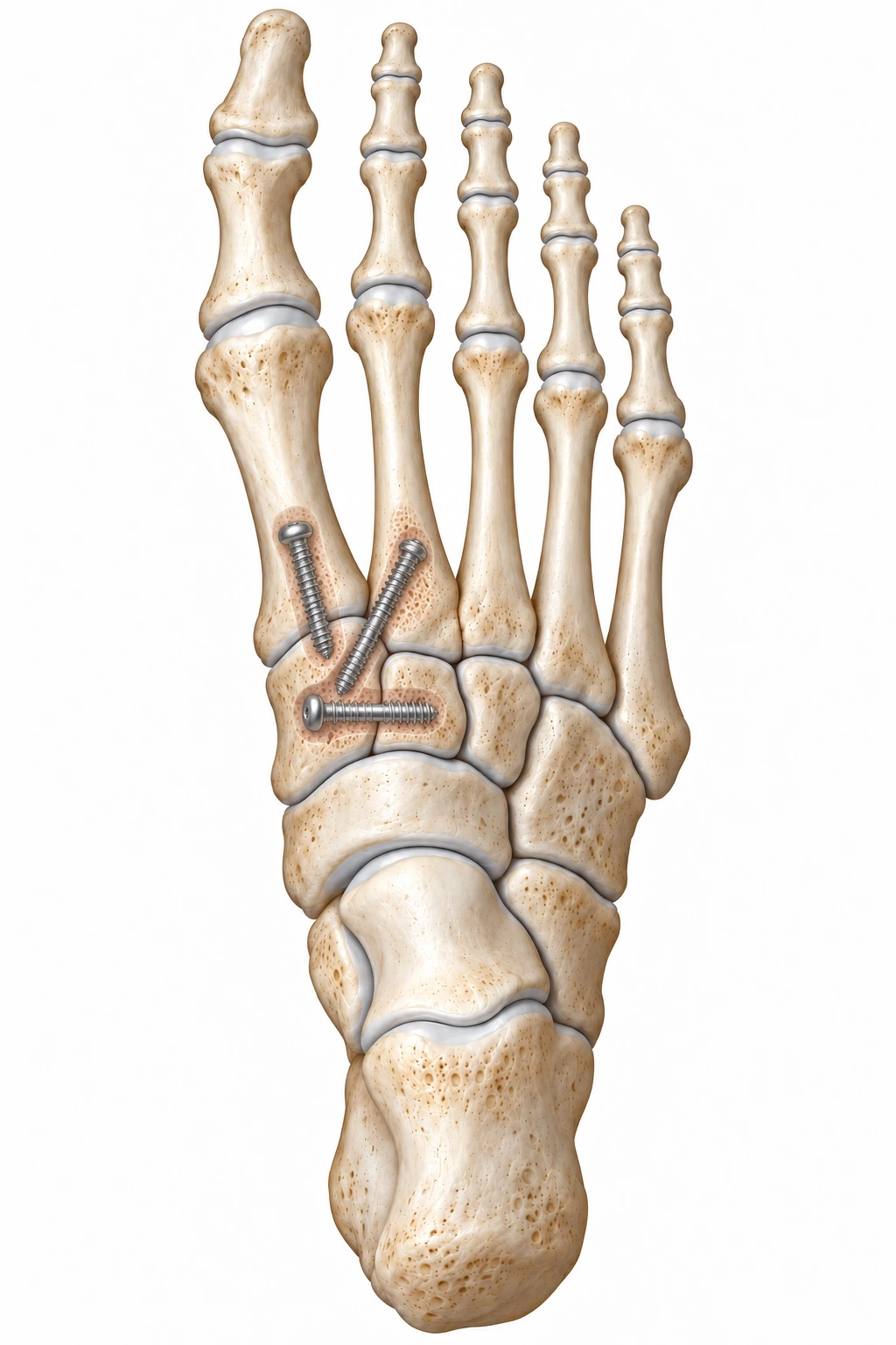 Metatarsi ridotti e stabilizzazione tra I e II cuneiforme, tra I cuneiforme e base del II metatarso, e tra base del I metatarso e I cuneiforme.