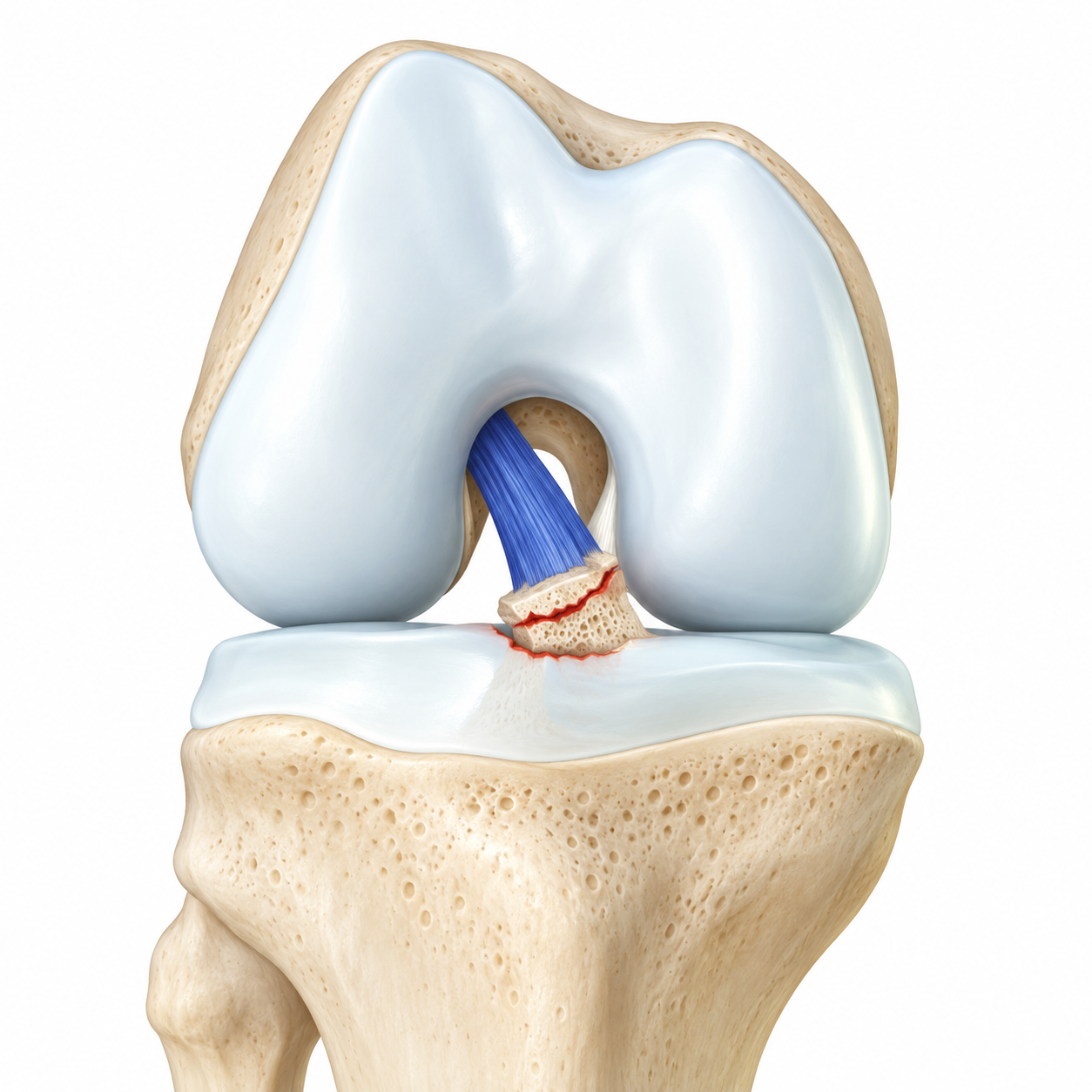 Avulsione della spina tibiale anteriore con LCA inserito sul frammento osseo.