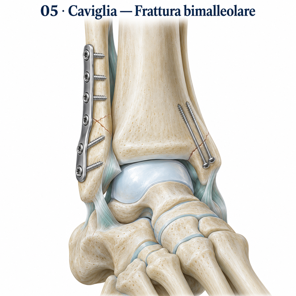 Frattura bimalleolare trattata con placca sul perone e viti malleolari mediali.