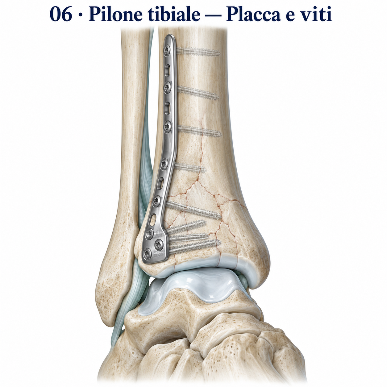 Frattura del pilone tibiale trattata con placca e viti.