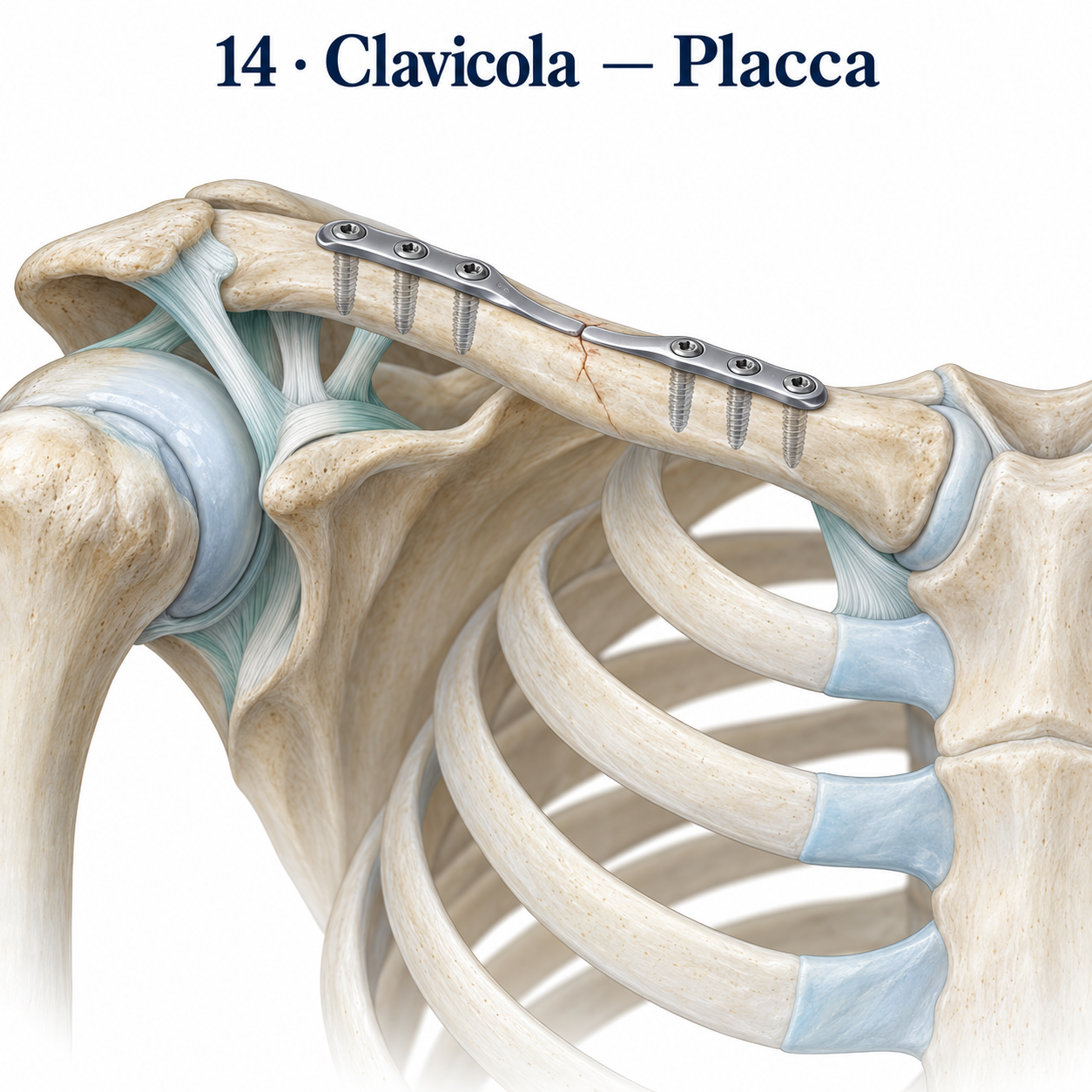 Frattura della clavicola ridotta e stabilizzata con placca e viti.