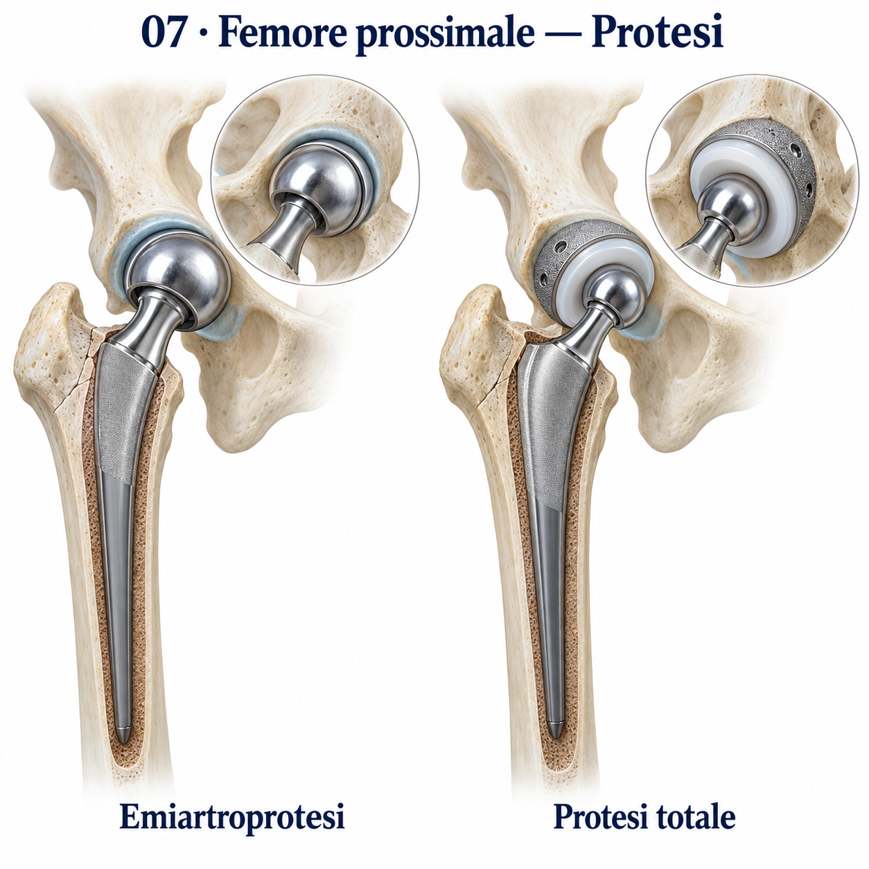 Esempi di emiartroprotesi e protesi totale per frattura del femore prossimale.