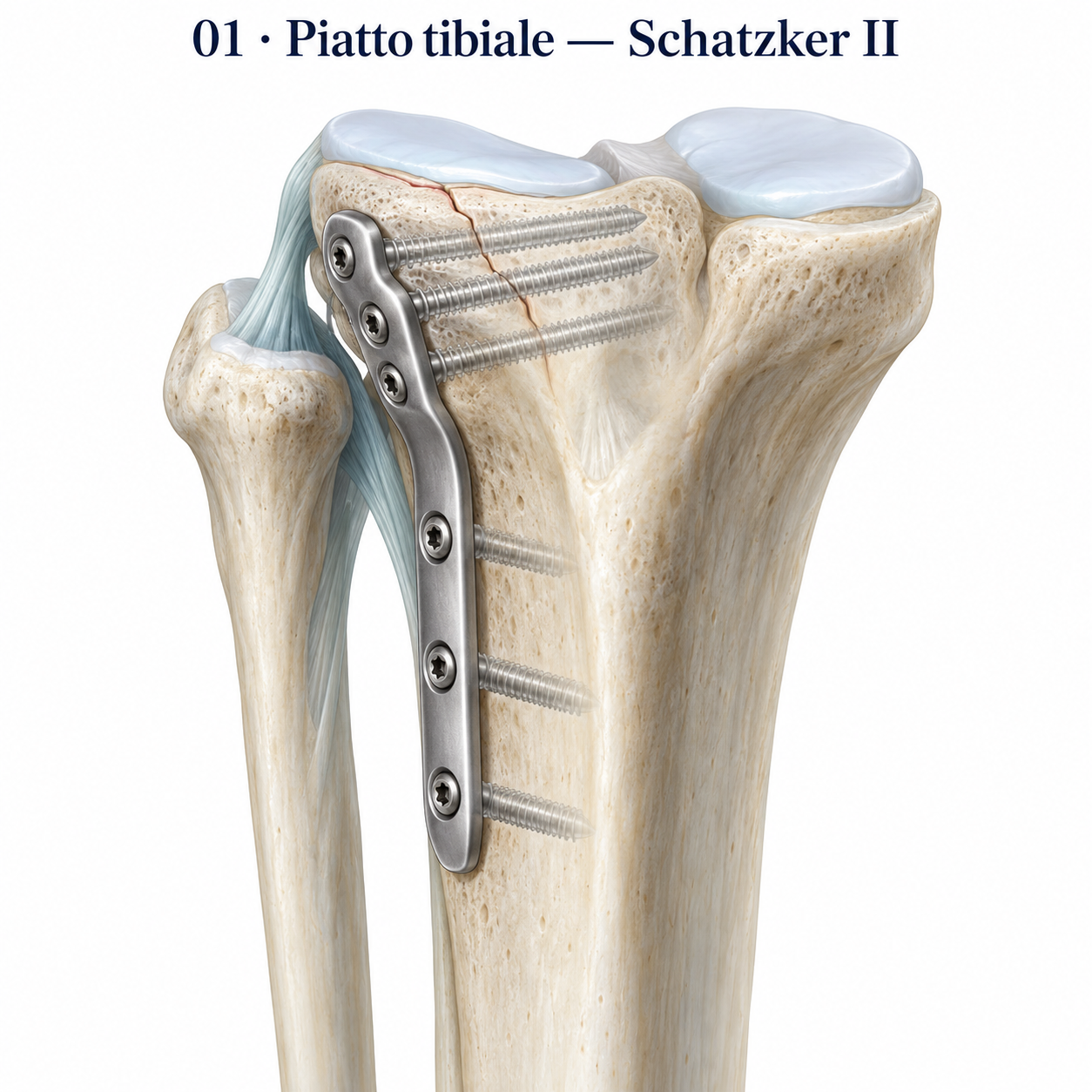 Schatzker II: riduzione e osteosintesi del piatto tibiale laterale.