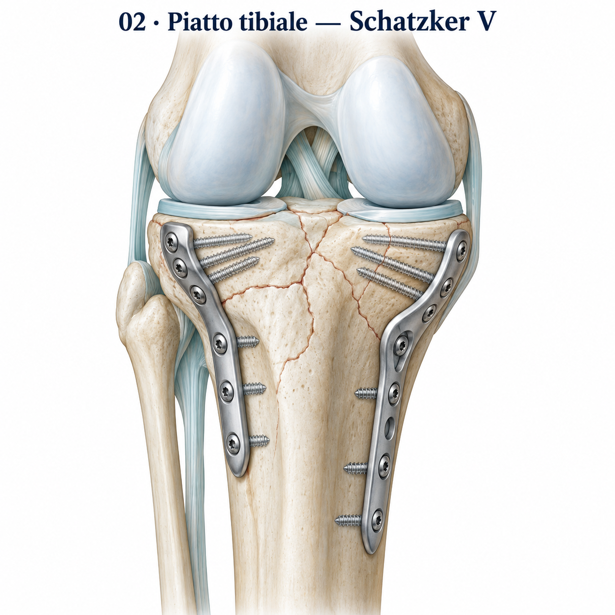 Schatzker V: esempio di osteosintesi con doppia placca.