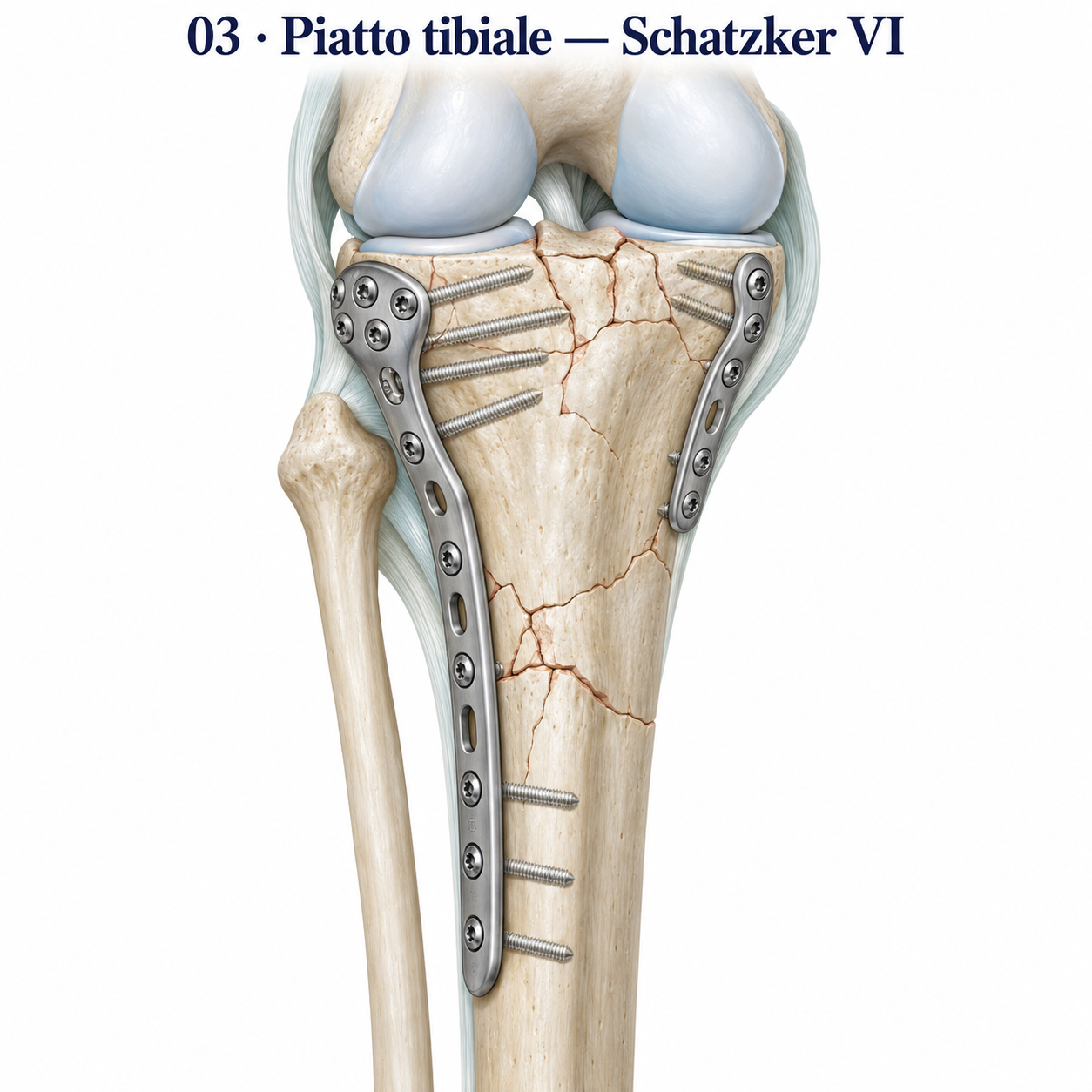 Schatzker VI: osteosintesi con stabilizzazione della componente metafiso-diafisaria.