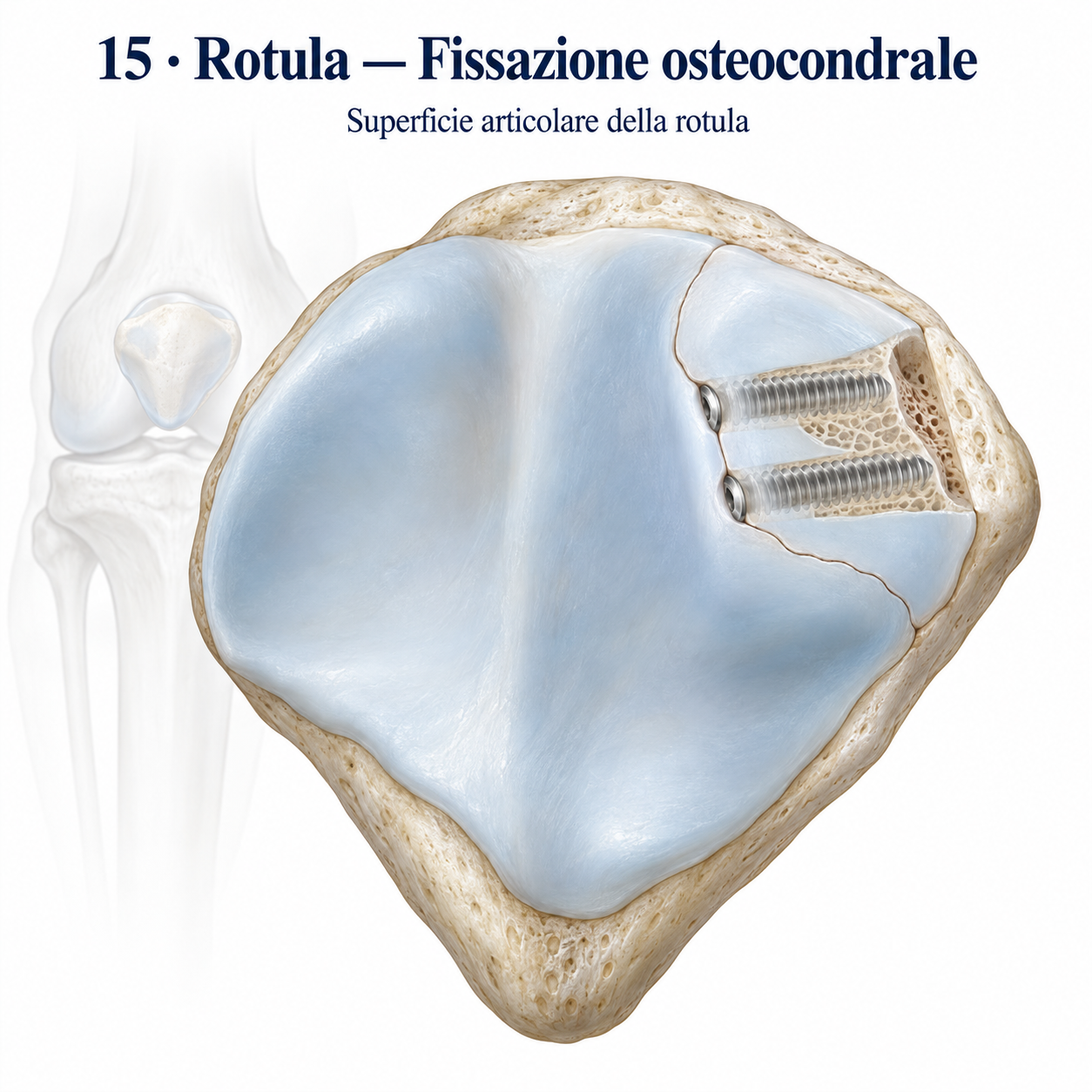 Superficie articolare della rotula con frammento osteocondrale ridotto e fissato con viti.