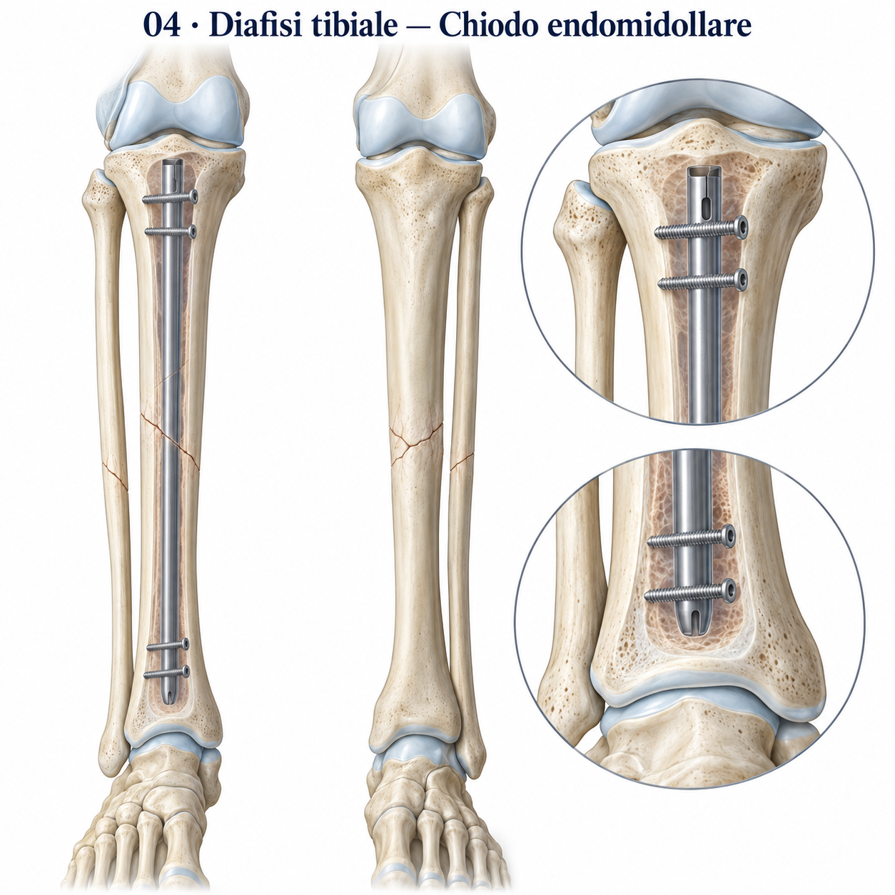 Frattura diafisaria della tibia stabilizzata con chiodo endomidollare bloccato.