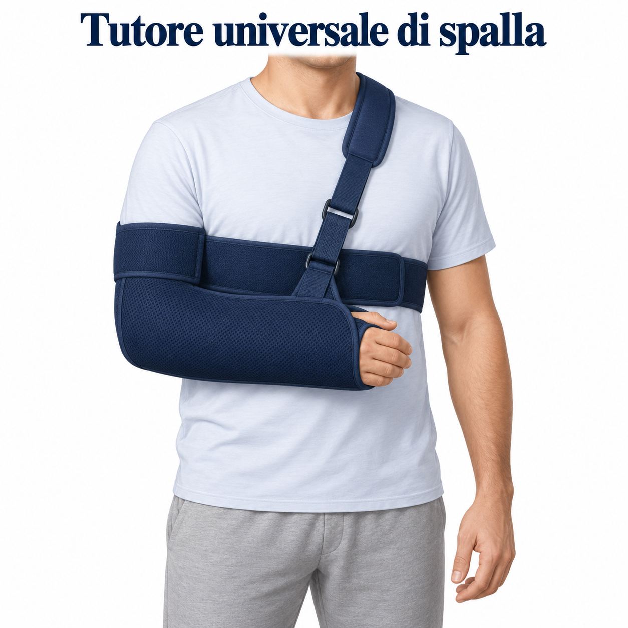 Tutore universale di spalla con sostegno dell’avambraccio e fascia di stabilizzazione al tronco.